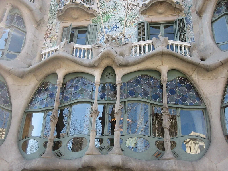 Balconies and coloured façade detail of Casa Batlló, Barcelona