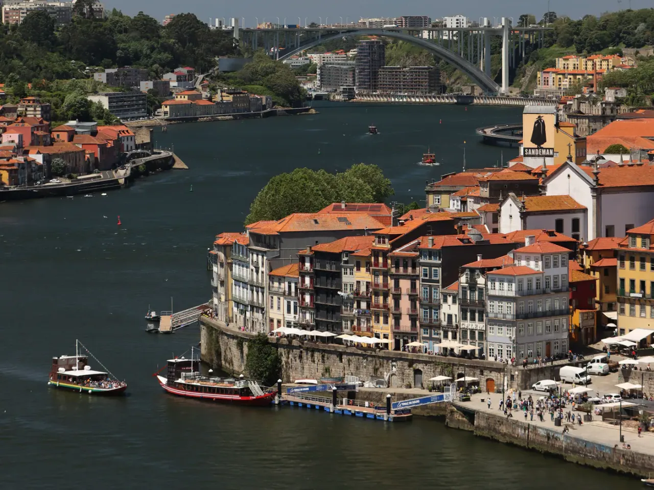 Porto riverside buildings and boats beside the Douro in Portugal